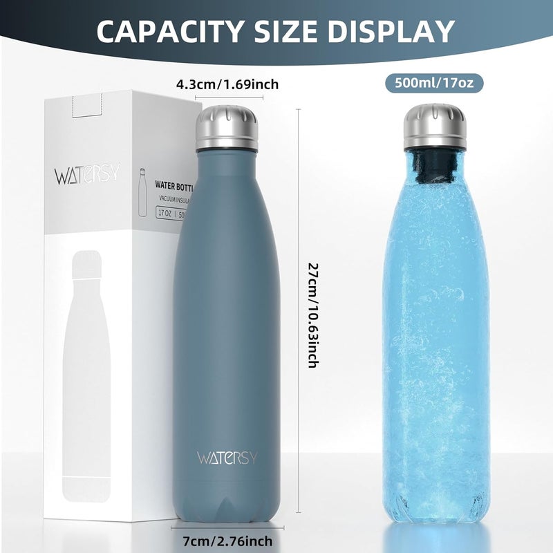WATERSY Stainless Steel water bottles,17oz/500ml Insulated Water Bottles,Smog Blue metal water bottle Keeps Drink Cold and Hot,BPA Free kids water bottles for School,Gym,Travel,Sports - Image 3